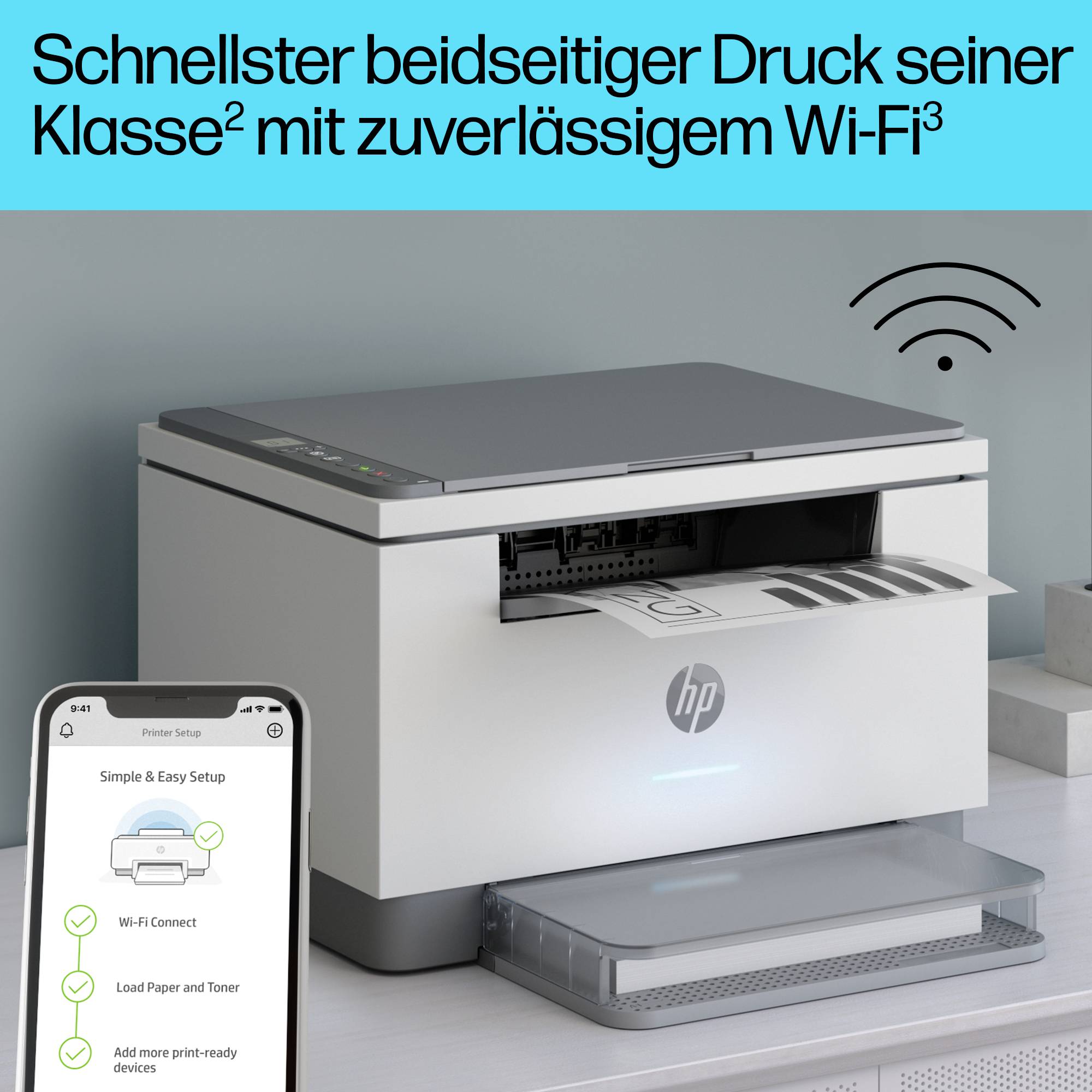 Een moderne printer met het opschrift 'Snelste printer met dubbelzijdig afdrukken in zijn klasse'. Ernaast een smartphone met printbesturing.