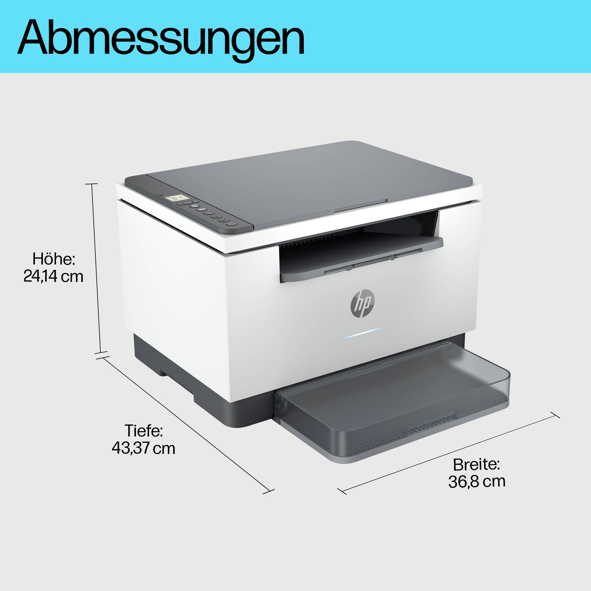 'Printer met afmetingen: Hoogte 24,14 cm, Diepte 43,37 cm, Breedte 36,8 cm. Hoofdvak, uitvoerlade en bedieningspaneel zichtbaar.'