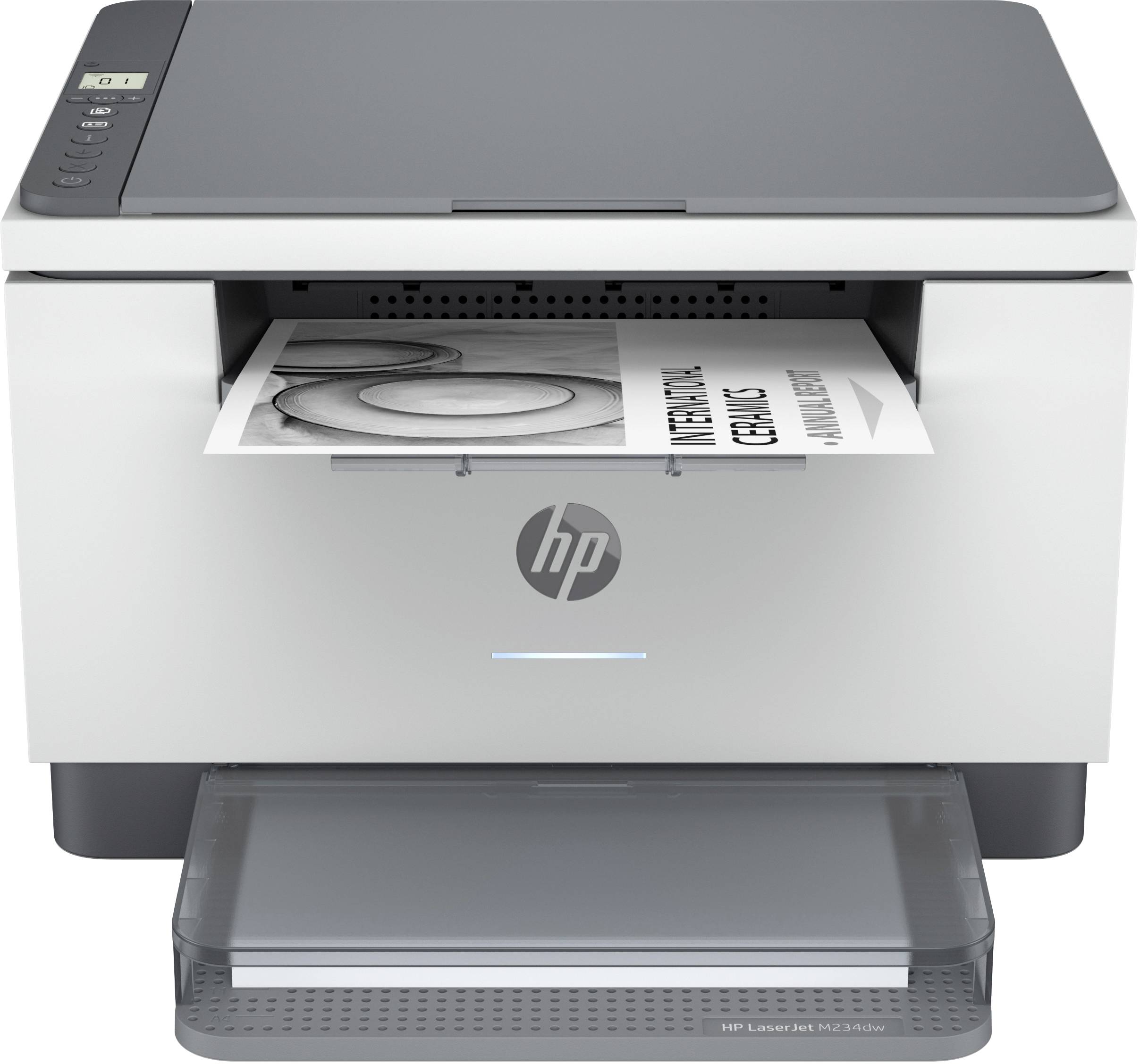 Een laser-multifunctionele printer drukt een zwart-witpagina af met de titel 'International Graphics'.