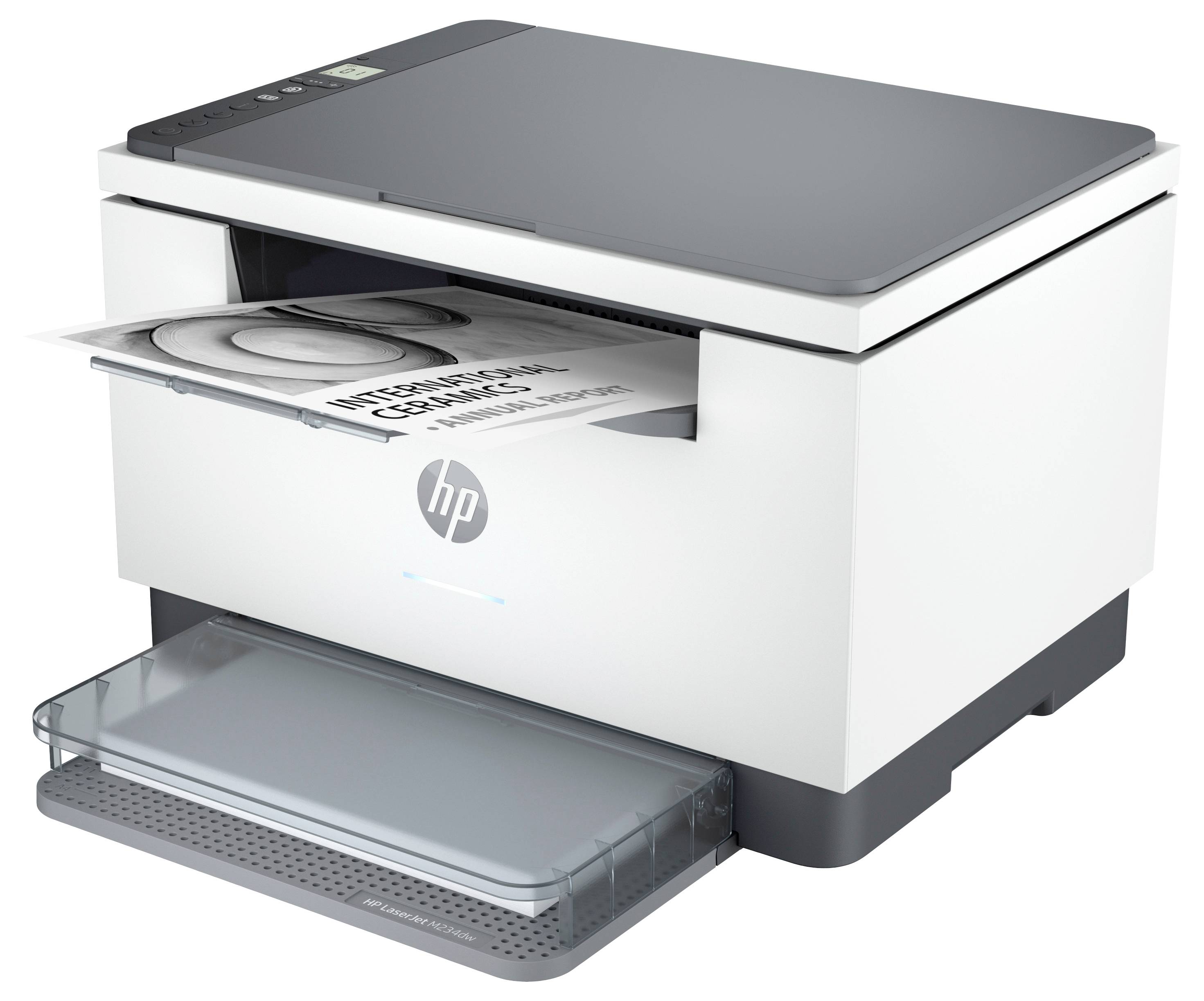 Witte HP all-in-one printer die een document scant of afdrukt, met zichtbaar papiermagazijn en uitvoermagazijn.