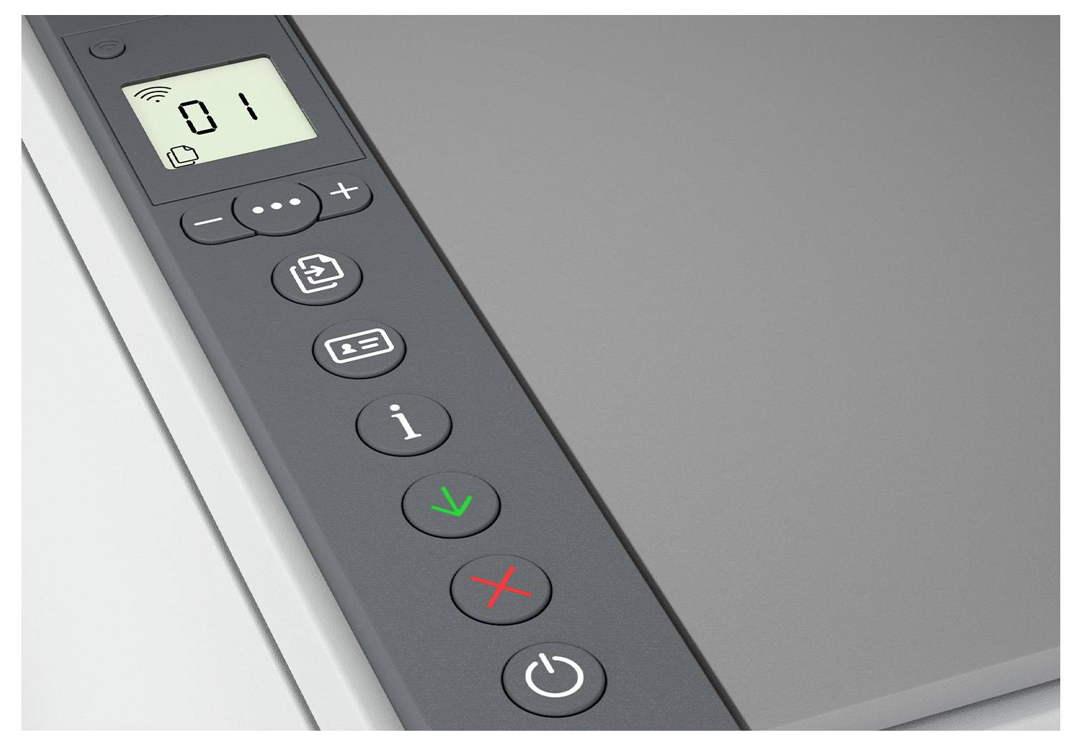 Close-up van een printerbedieningspaneel met LCD-scherm dat '01' weergeeft en knoppen voor menu, info, start, annuleren en voeding.