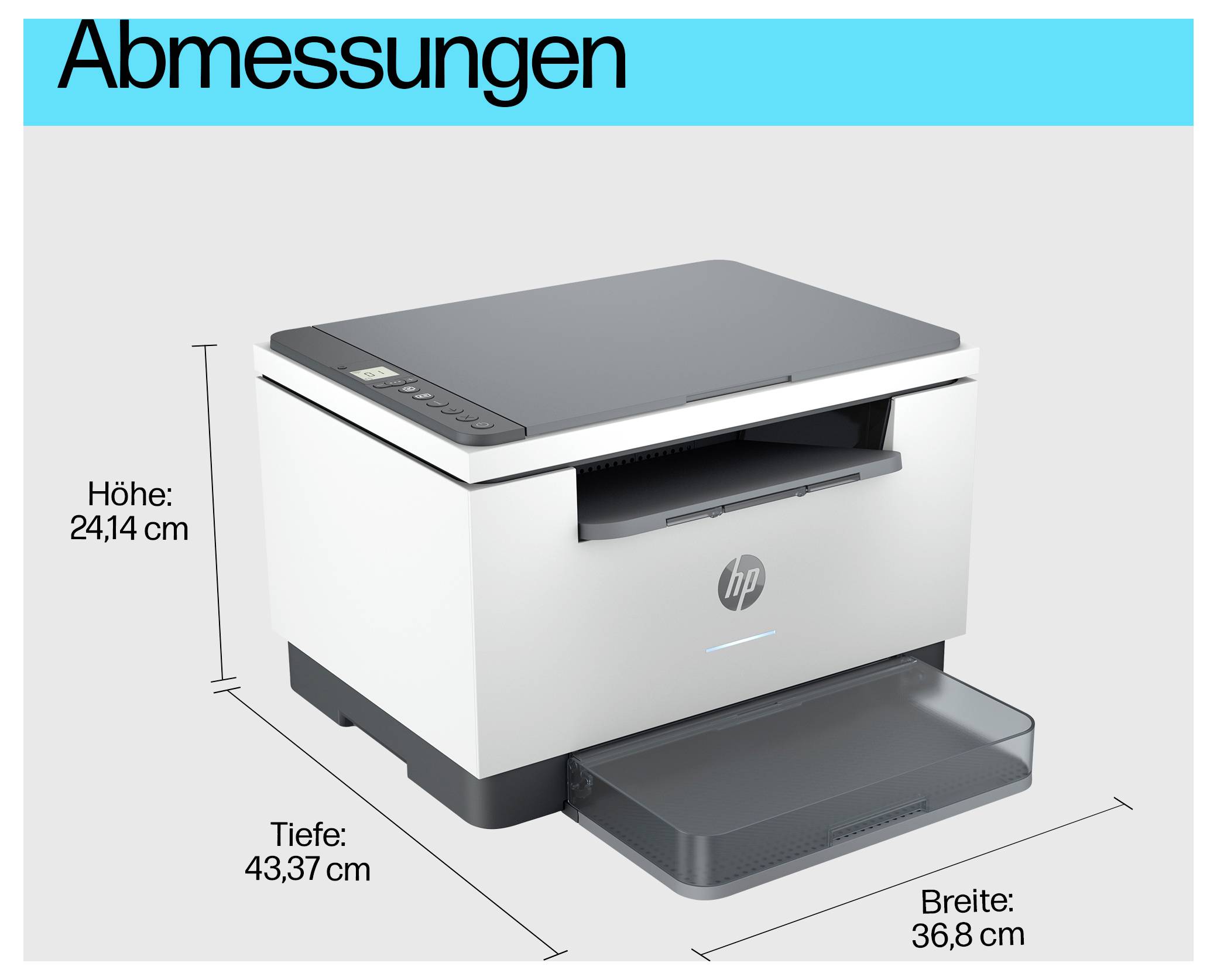 Diagram van een HP-printer met afmetingen: hoogte 24,14 cm, diepte 43,37 cm en breedte 36,8 cm.