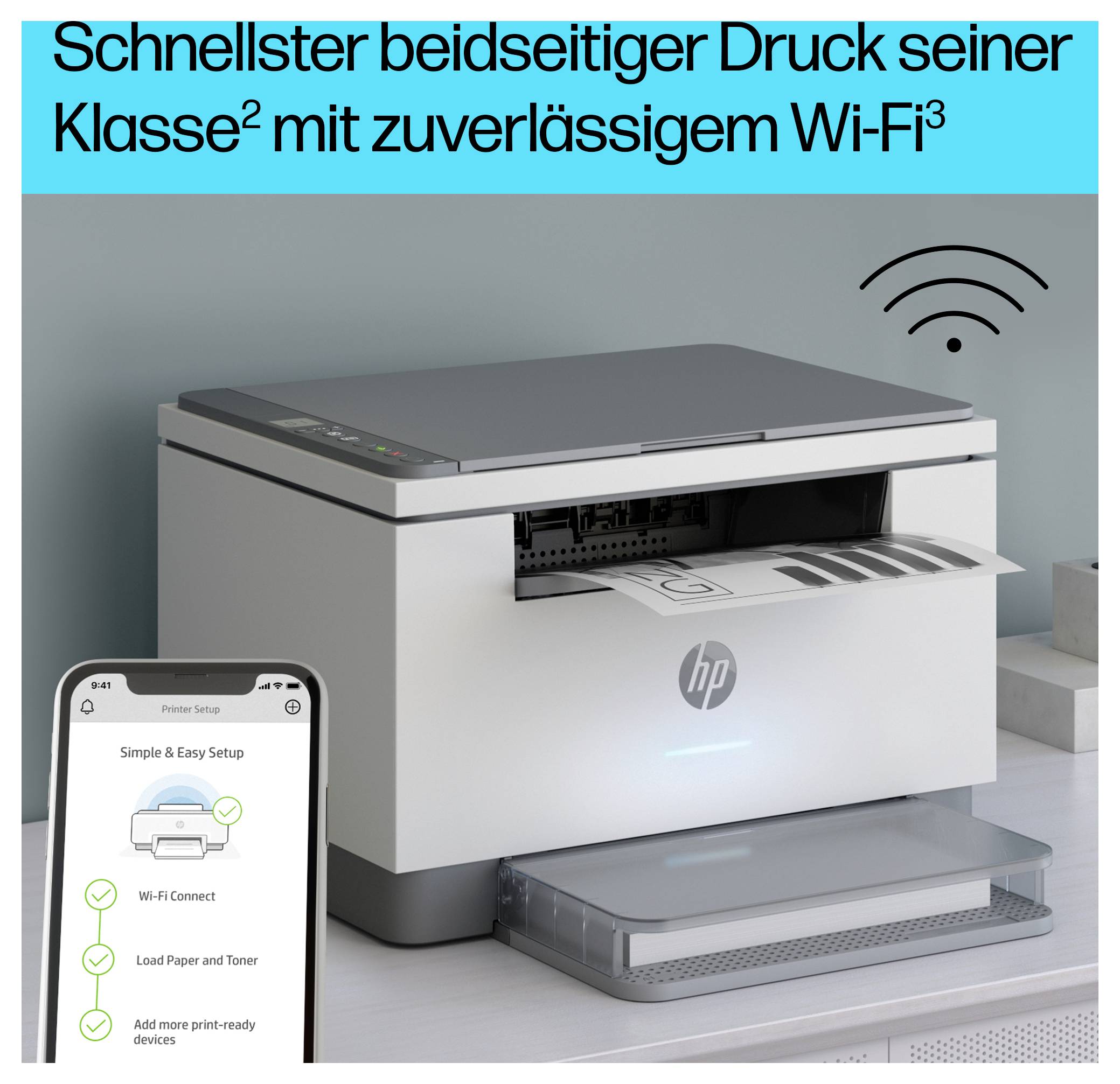 HP-printer weergegeven met Wi-Fi-symbool en een telefoon-app, onder Duitse tekst 'Snelste dubbelzijdige afdruk in zijn klasse met betrouwbare Wi-Fi³'.