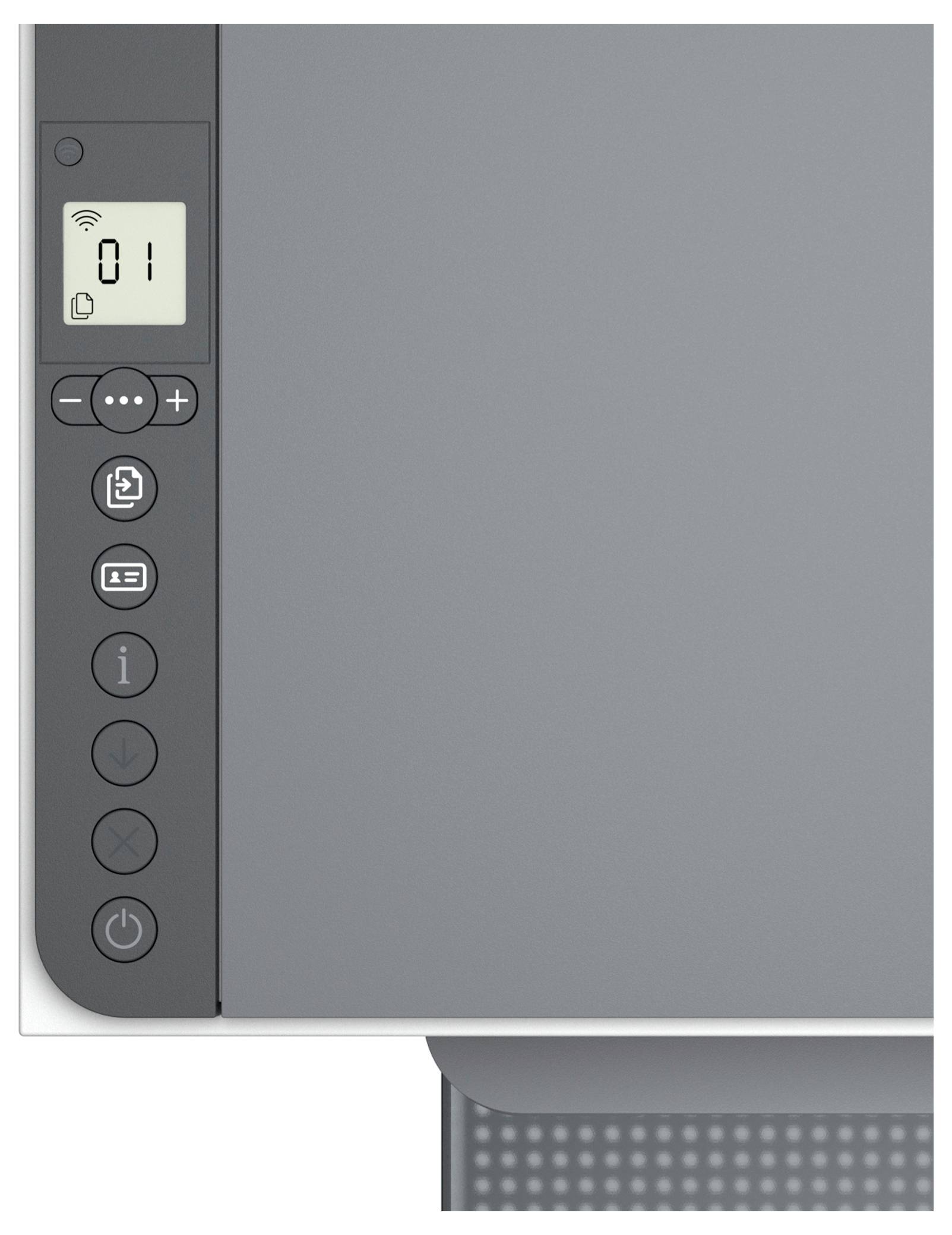 Close-up van een printerbedieningspaneel met een LCD-scherm waarop '01' wordt weergegeven en knoppen voor menu, kopiëren, informatie, annuleren en aan/uit.