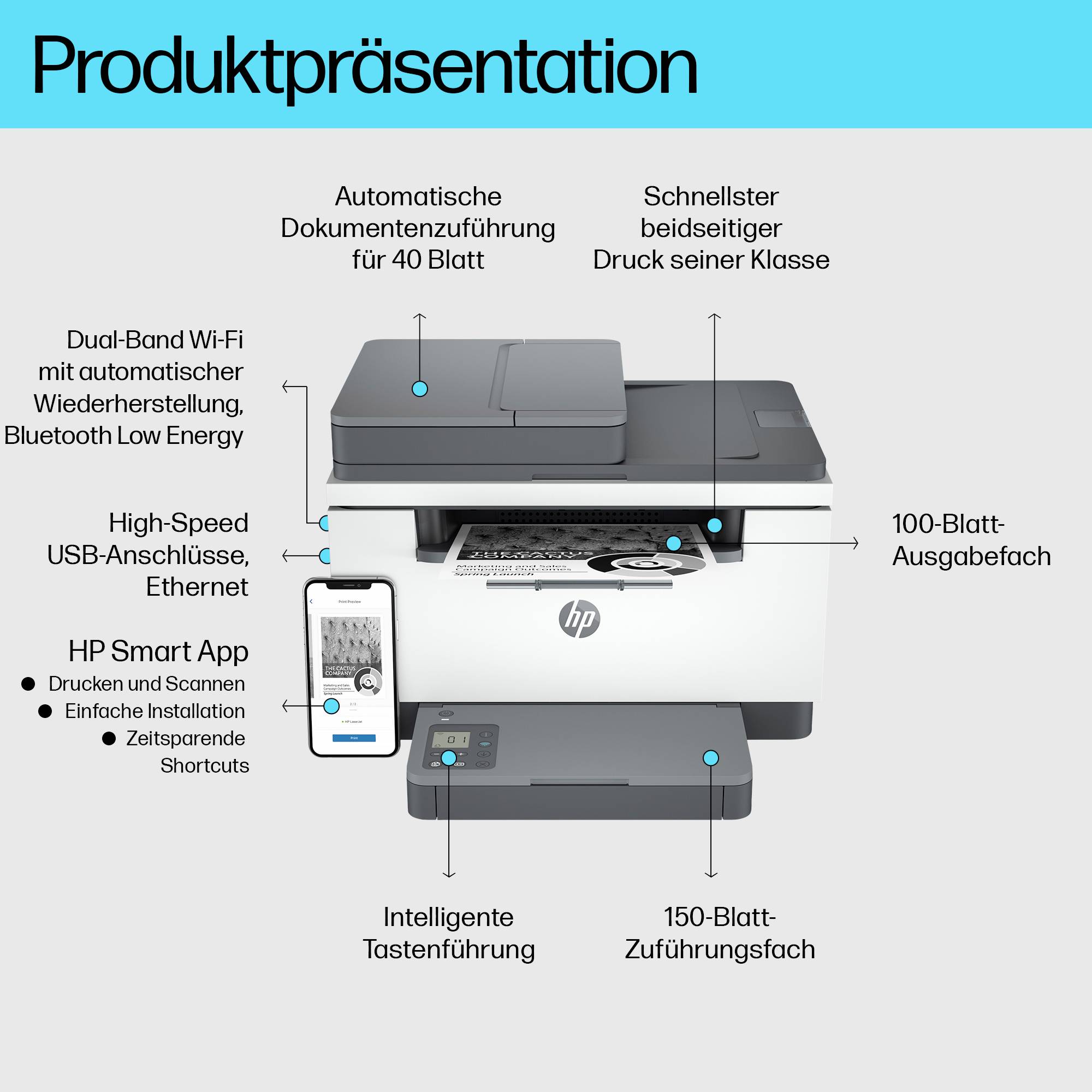 De HP-printer met dual WiFi en automatische documentinvoer beschikt over functies zoals intelligente toetsherkenning en een 150-vel papierbak.