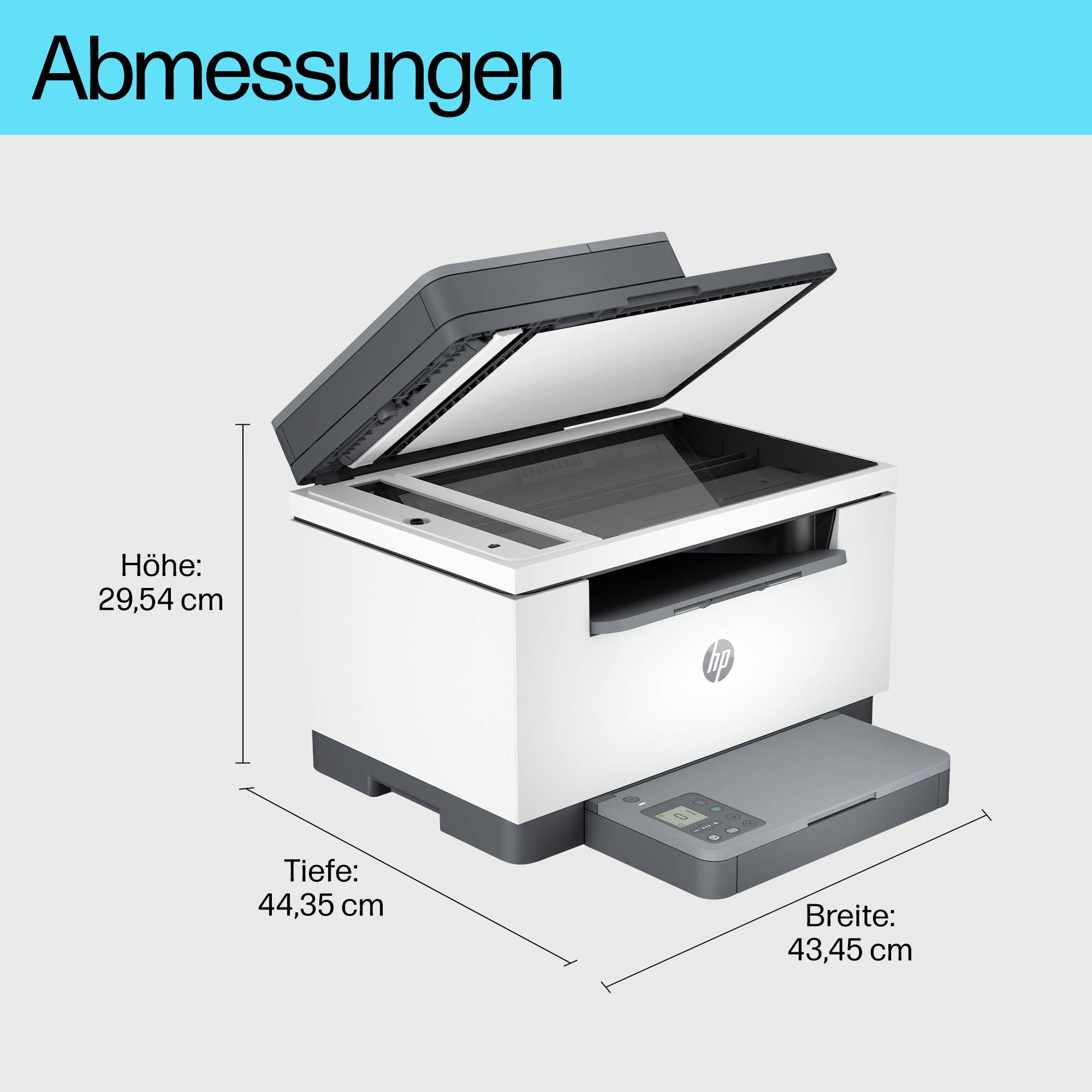 Een witte printer wordt weergegeven met de volgende afmetingen: hoogte 29,54 cm, diepte 44,35 cm, breedte 43,45 cm.