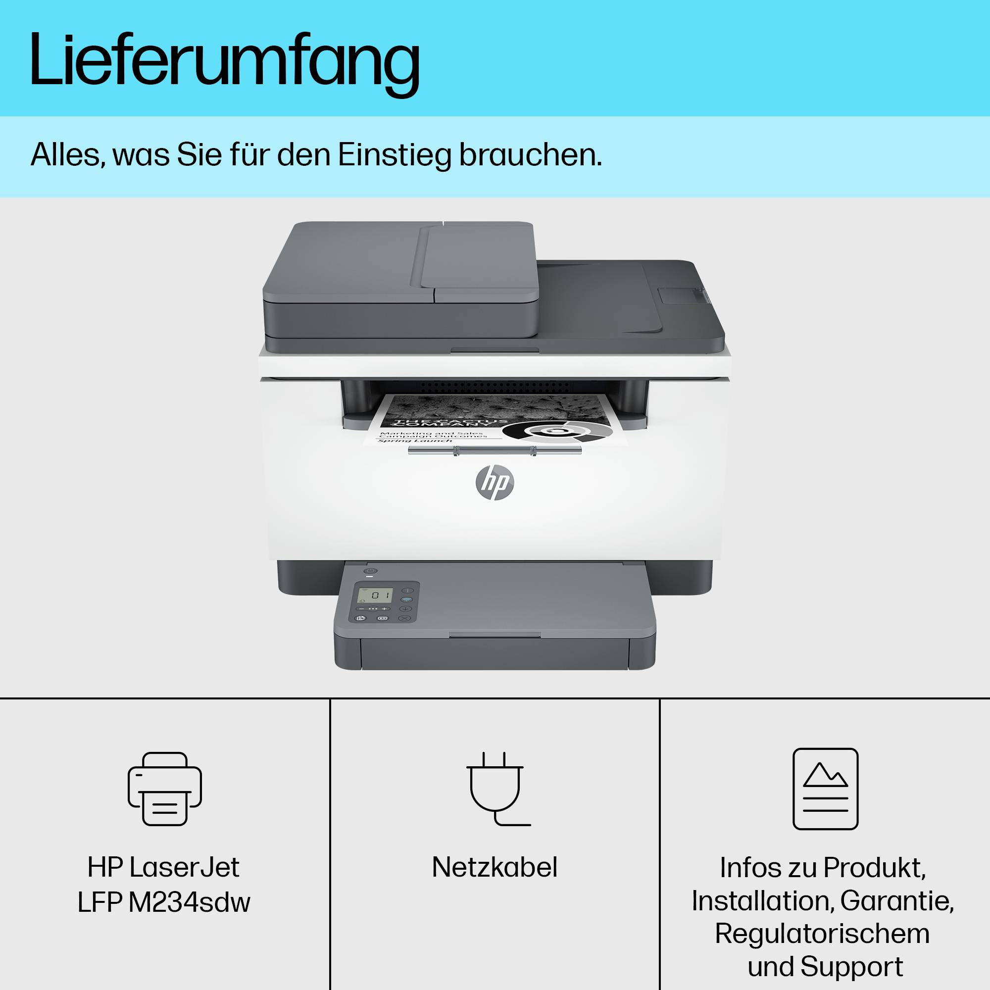 'HP LaserJet LFP M234sdw printer met stroomkabel. Beschrijvingstekst: Alles wat u nodig heeft om aan de slag te gaan. Informatie over product, installatie, garantie en ondersteuning inbegrepen.'