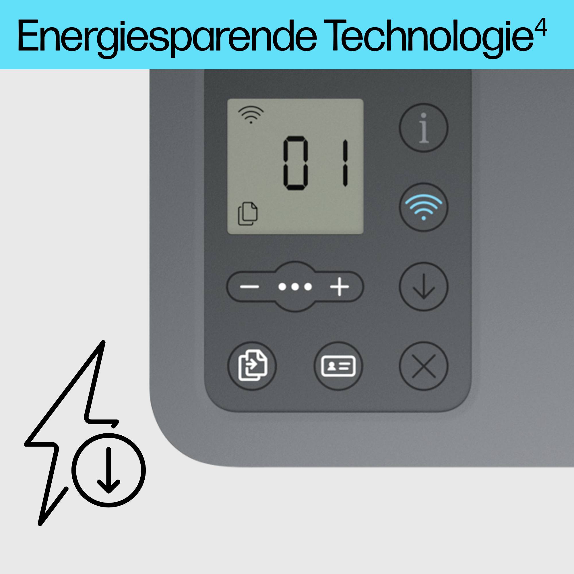 Beeld van een apparaatbedieningspaneel met symbolen voor WiFi en energiebesparing. Tekst bovenaan: 'Energiebesparende technologie'.