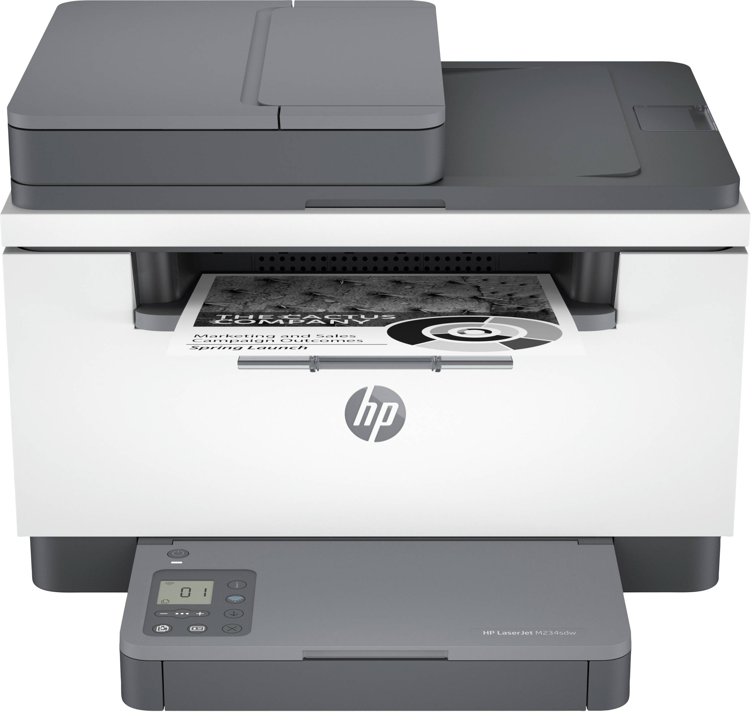 Een printer drukt een pagina met een groot "G" en tekst eronder. Het display toont een aanpasbare functie.