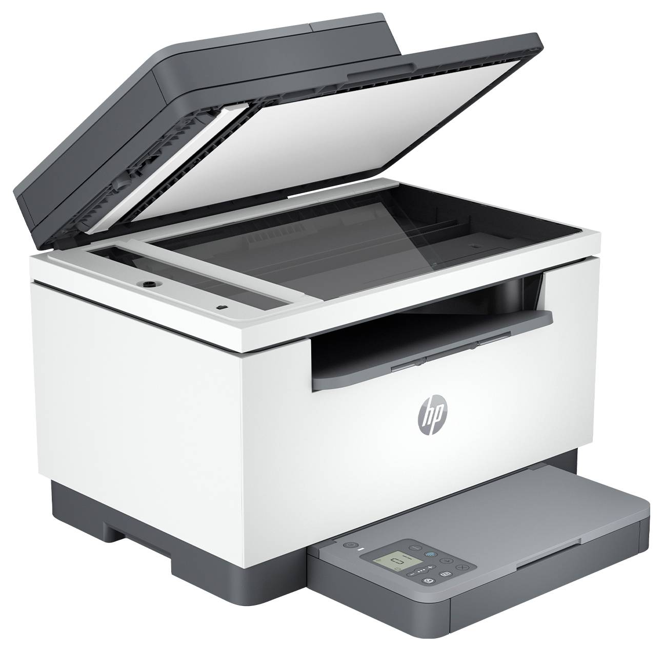 Een witte multifunctionele printer met scanner, kopieerfunctie en afdrukmogelijkheden. De scanner staat open, het bedieningspaneel toont '001'.