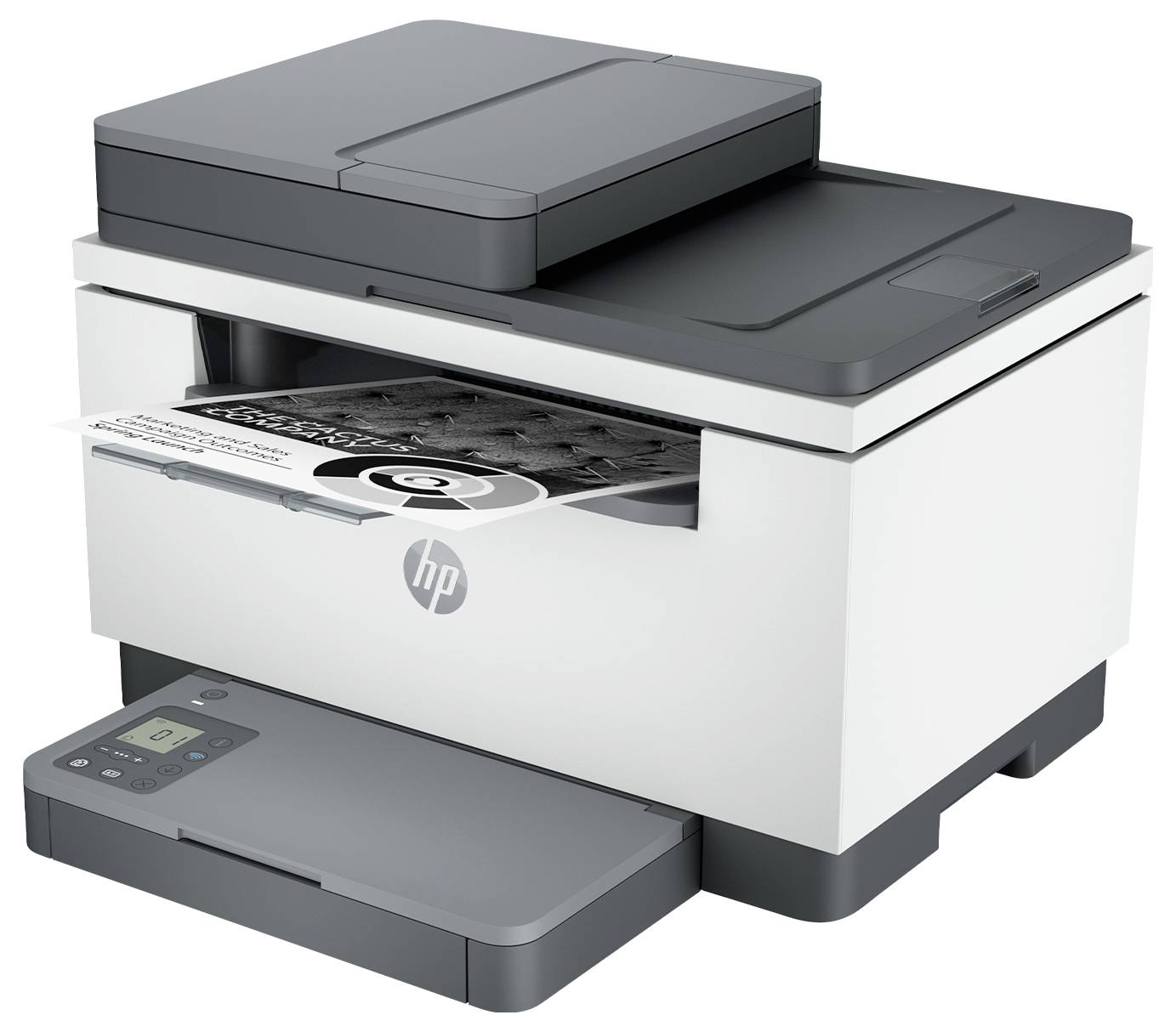 Een witte en grijze printer drukt een vel papier af. Op het vel staat wat tekst. De printer heeft een klein display.