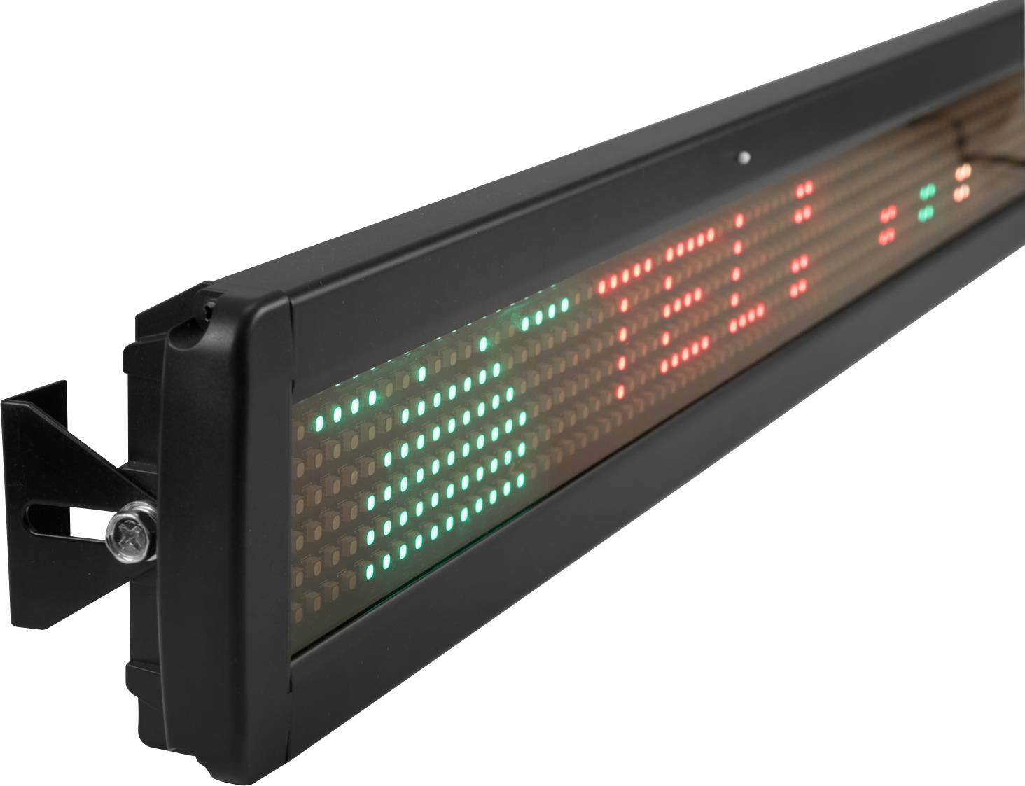 LED-display met rood-groene lichtaanduiding toont 'TEL', gemonteerd aan een wandbevestiging, geeft real-time informatie weer.