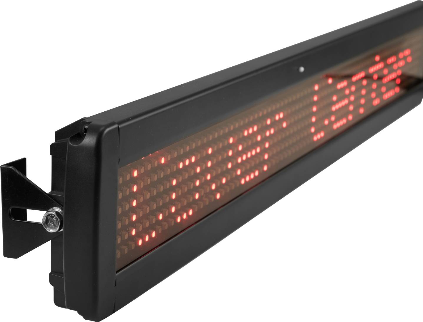 Een lang, zwart LED-display met rode lichtpuntjes, gemonteerd aan een wandbevestiging.