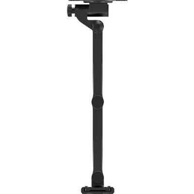 Een zwarte, verstelbare tabletsteunarm met draaigewrichten voor bevestiging aan een tafel of bureau.