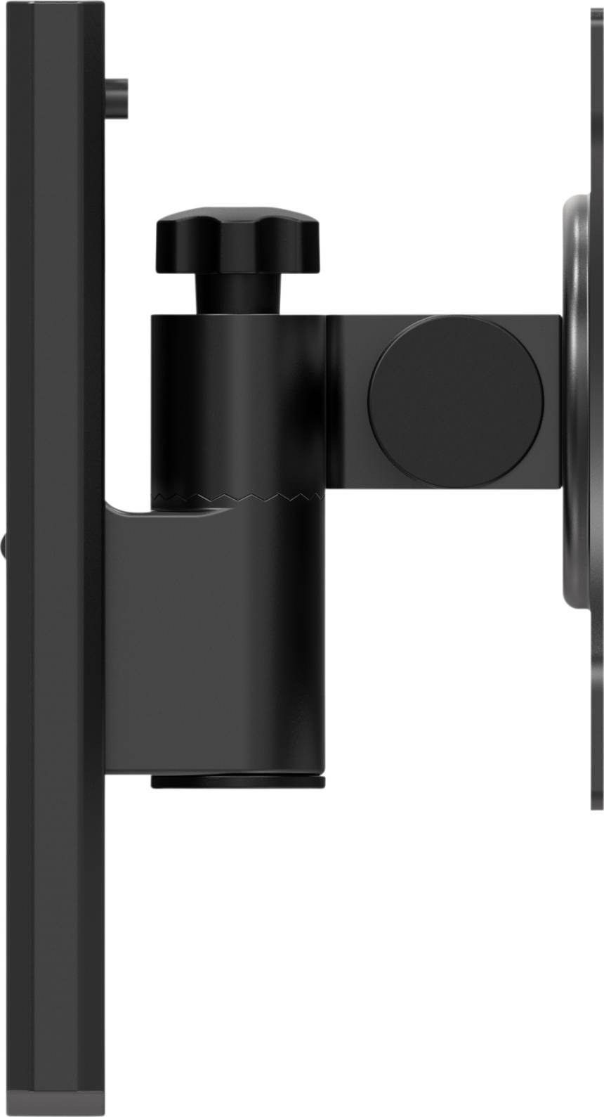 Zijaanzicht van een zwarte monitorstandaard met schroef voor hoogteaanpassing en een scharmelende arm voor flexibiliteit.