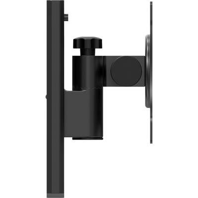 Zijaanzicht van een zwarte monitorstandaard met schroef voor hoogteaanpassing en een scharmelende arm voor flexibiliteit.