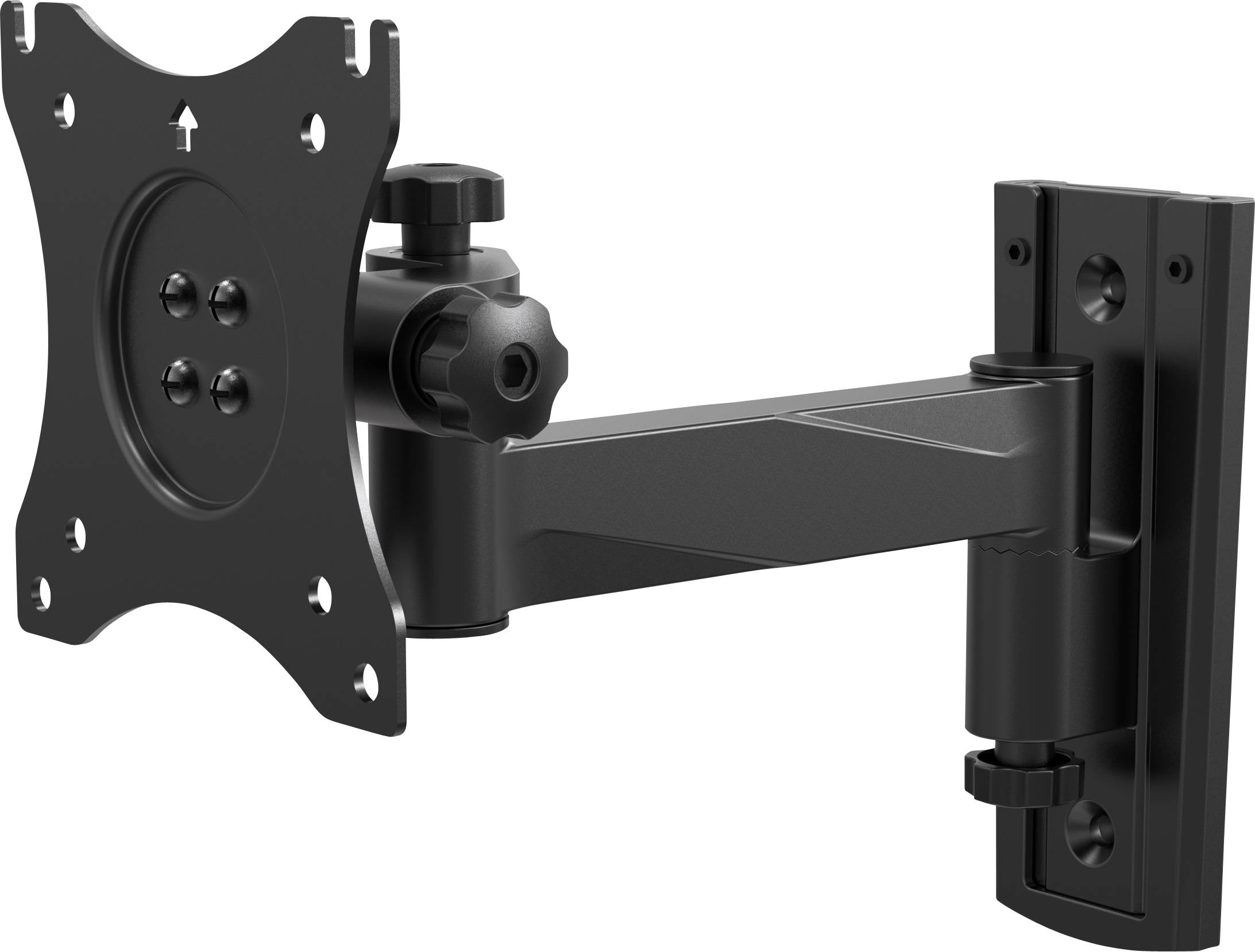 Wandbeugel voor monitoren, zwart, met verstelbare arm voor optimale positionering. Geschikt voor kantoor- of thuiswerkplekken.