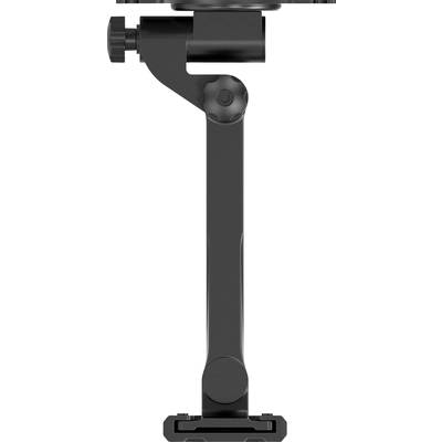 Een zwarte, verticale camera-steunarm met een knop voor afstelling, zijaanzicht, tegen een witte achtergrond.