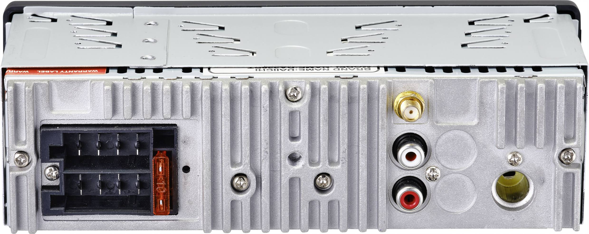 Achterzijde van een autoradio met verschillende aansluitingen, waaronder een ISO-stekker, cinch-aansluitingen en een antenneaansluiting.
