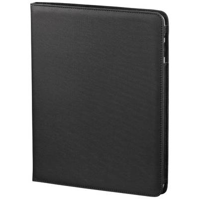 Zwarte, gesloten tablet-hoes, rechthoekig met een licht gestructureerd oppervlak, rechtop staand tegen een witte achtergrond.