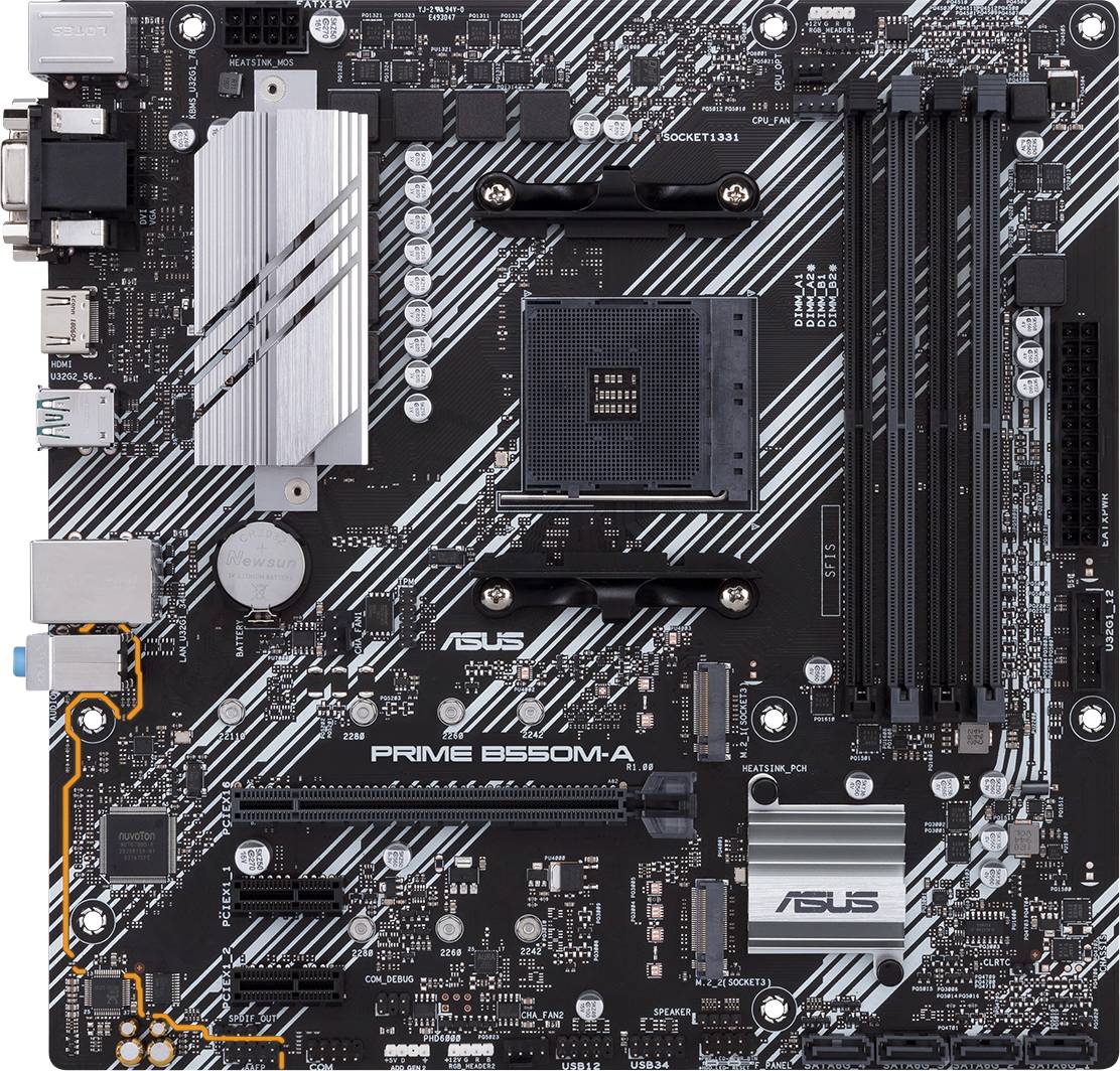 Moederbord ASUS Prime B550M-A met diverse aansluitingen en uitbreidingsslots, geschikt voor AMD-processors, Mini-ATX-formaat.