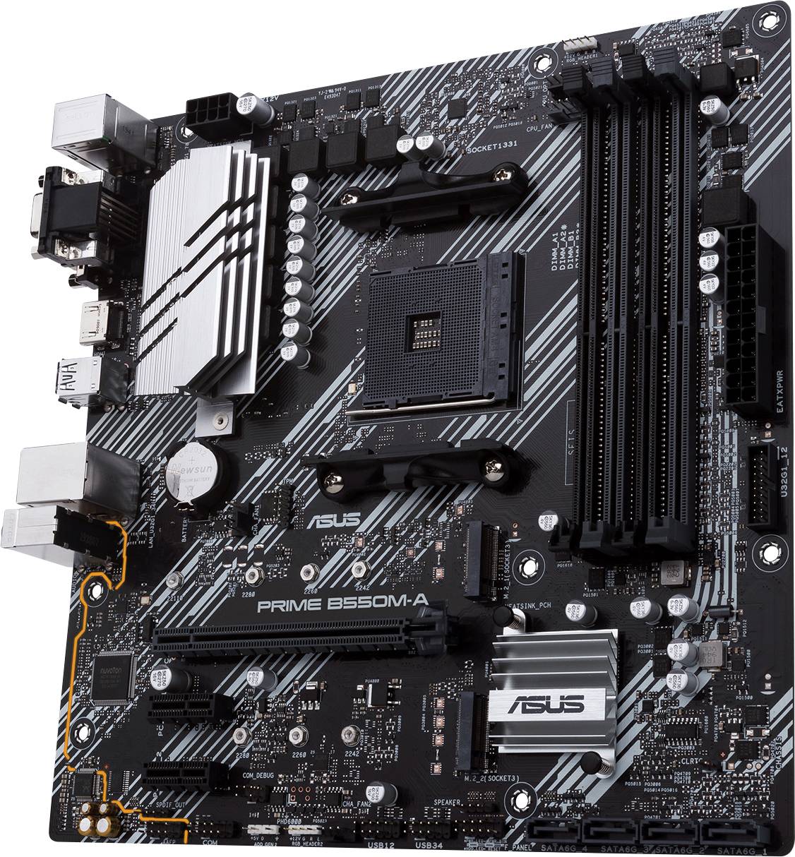 'Mainboard ASUS PRIME B550M-A met meerdere aansluitingen, slots en warmteafleiders, geschikt voor AMD-processors en DDR4-RAM.'