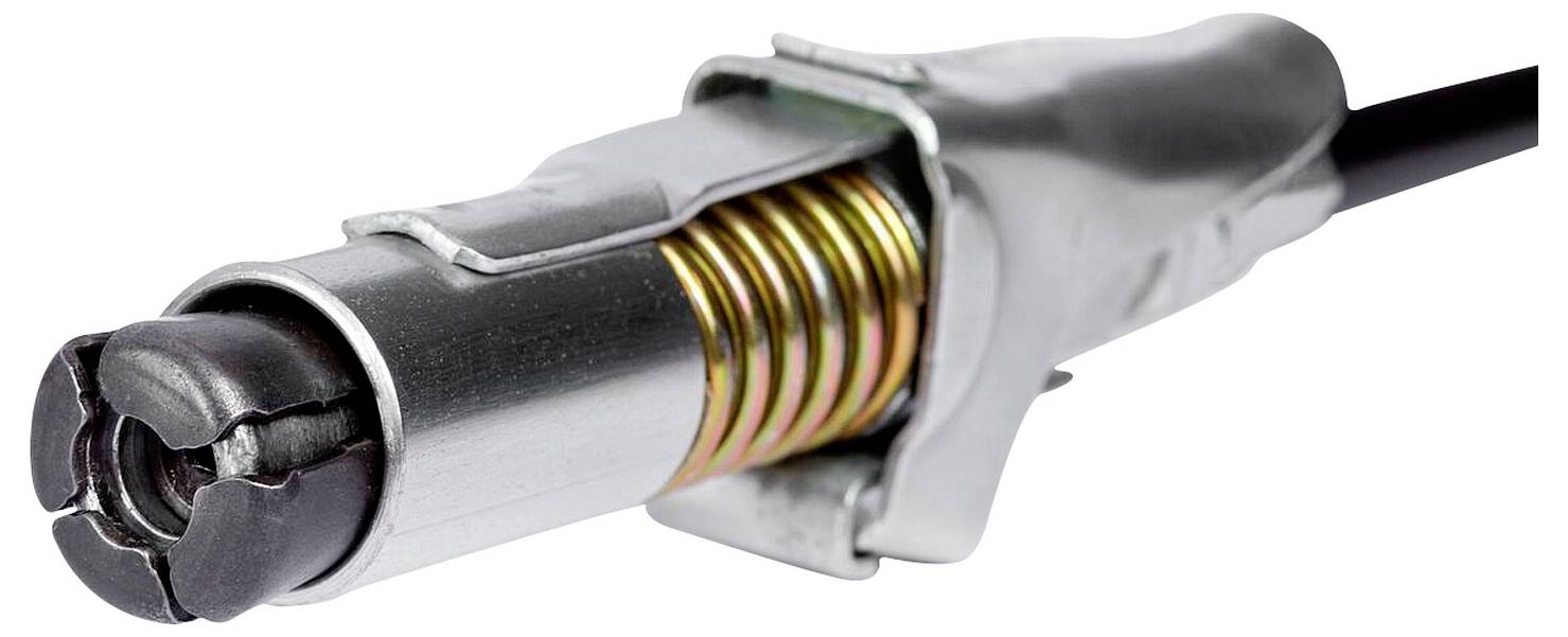 Close-up van een metalen stekker met veerмеханisme, aangesloten op een kabel, waarschijnlijk een coaxkabel.