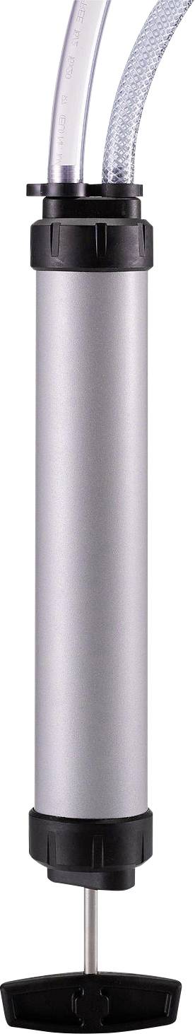 Een cilindrische handpomp met twee slangen bovenaan. Hij heeft een zilveren metalen oppervlak en zwarte kunststof elementen aan de uiteinden.