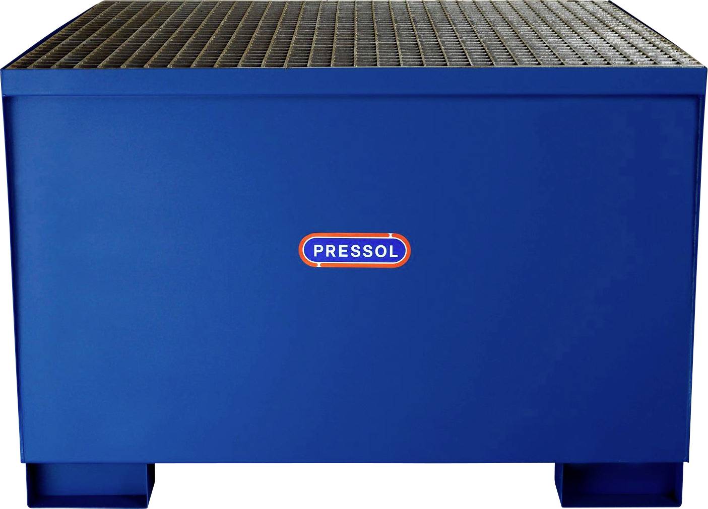 Een blauwe metalen container met een rasteroppervlak en het 'PRESSOL' logo op de voorkant.