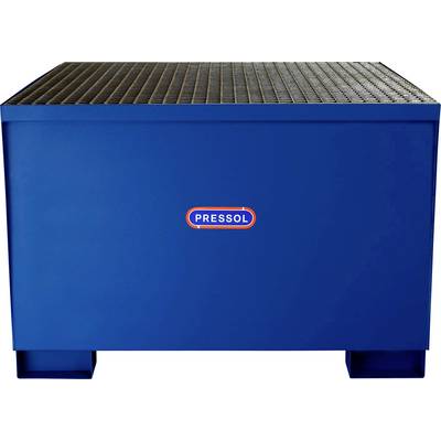 Een blauwe metalen container met een rasteroppervlak en het 'PRESSOL' logo op de voorkant.