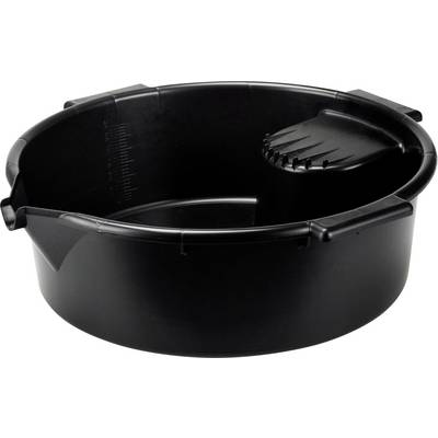 Een zwarte, ronde wasbak met afvoer en maatschaal, geschikt voor het mengen van vloeistoffen of verven.