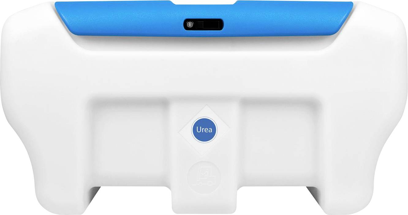 Een witte kunststof container met een blauwe deksel, waarop het woord 'Urea' staat. Hij wordt waarschijnlijk gebruikt als tank voor ureumsoplossing.