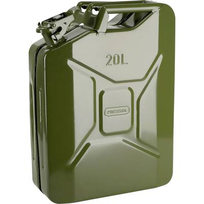 Groene metalen jerrycan met opdruk '20L', geschikt voor het opslaan van vloeistoffen zoals brandstof. Bovenaan een handgreep.