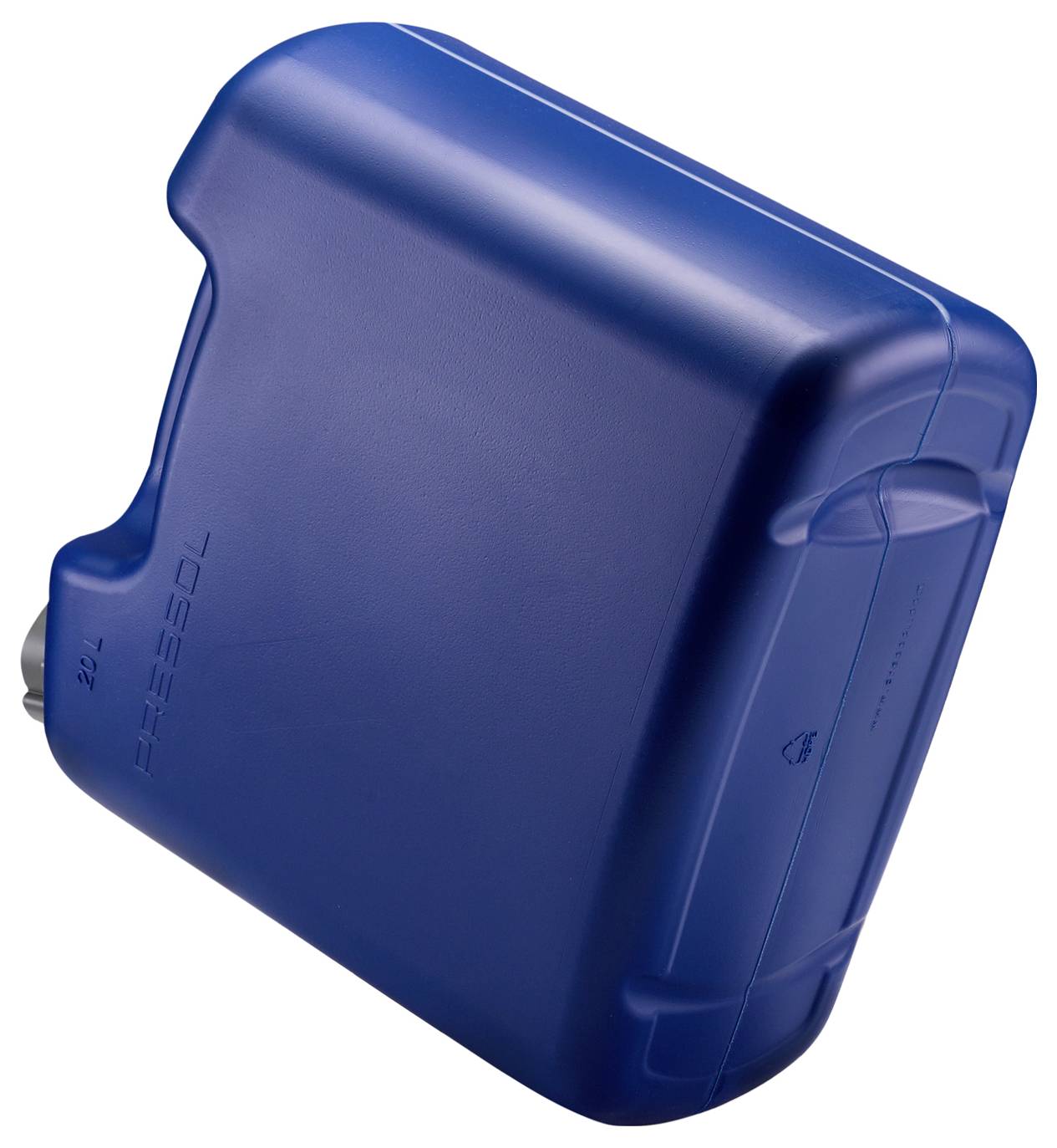 Grote blauwe plastic jerrycan met afgesloten dop, met een inhoud van 20 liter, gebruikt voor opslag en transport van vloeistoffen.