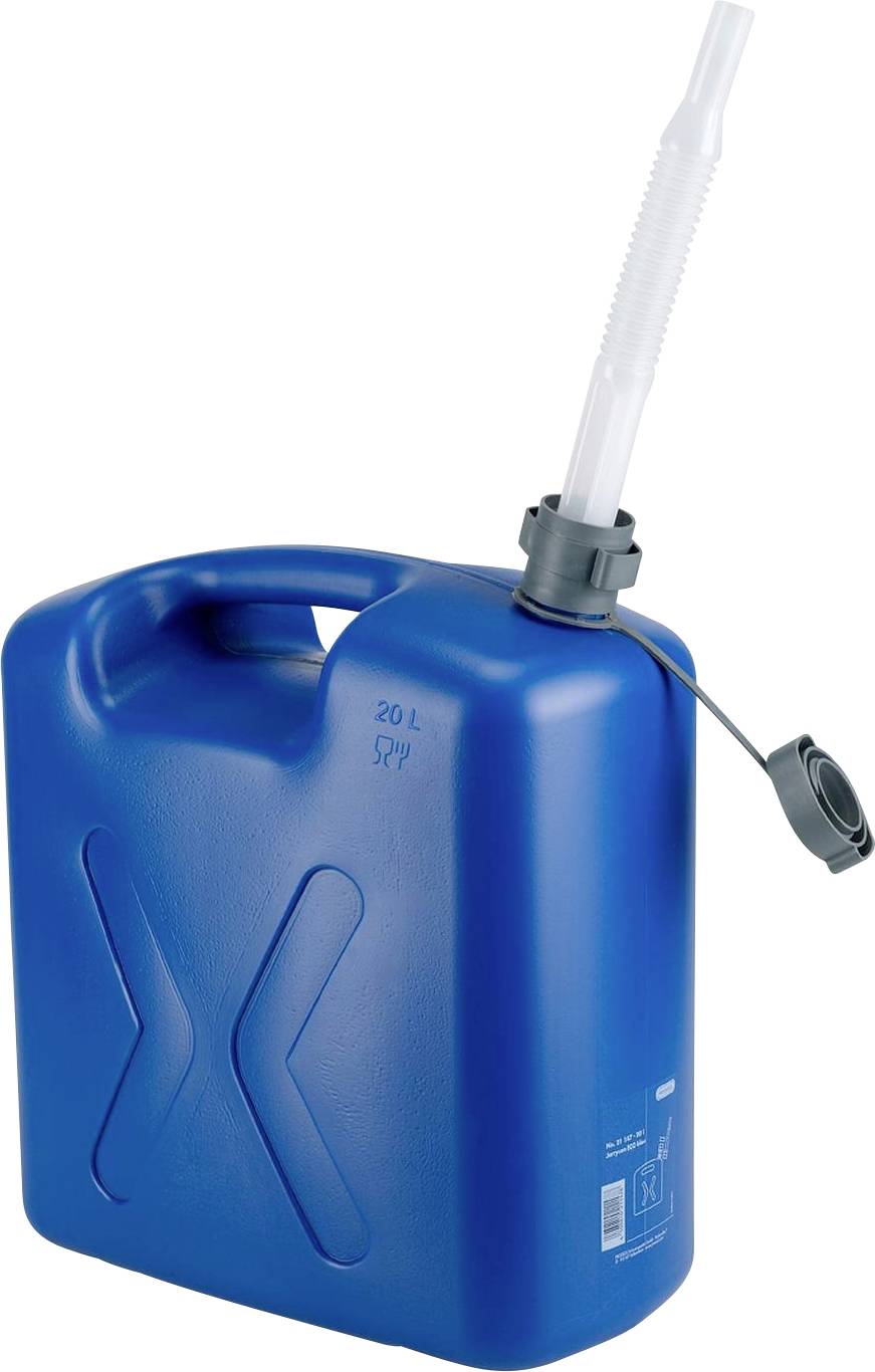 Een blauwe jerrycan met schenktuit, geschikt voor het vervoeren van tot 20 liter vloeistof.