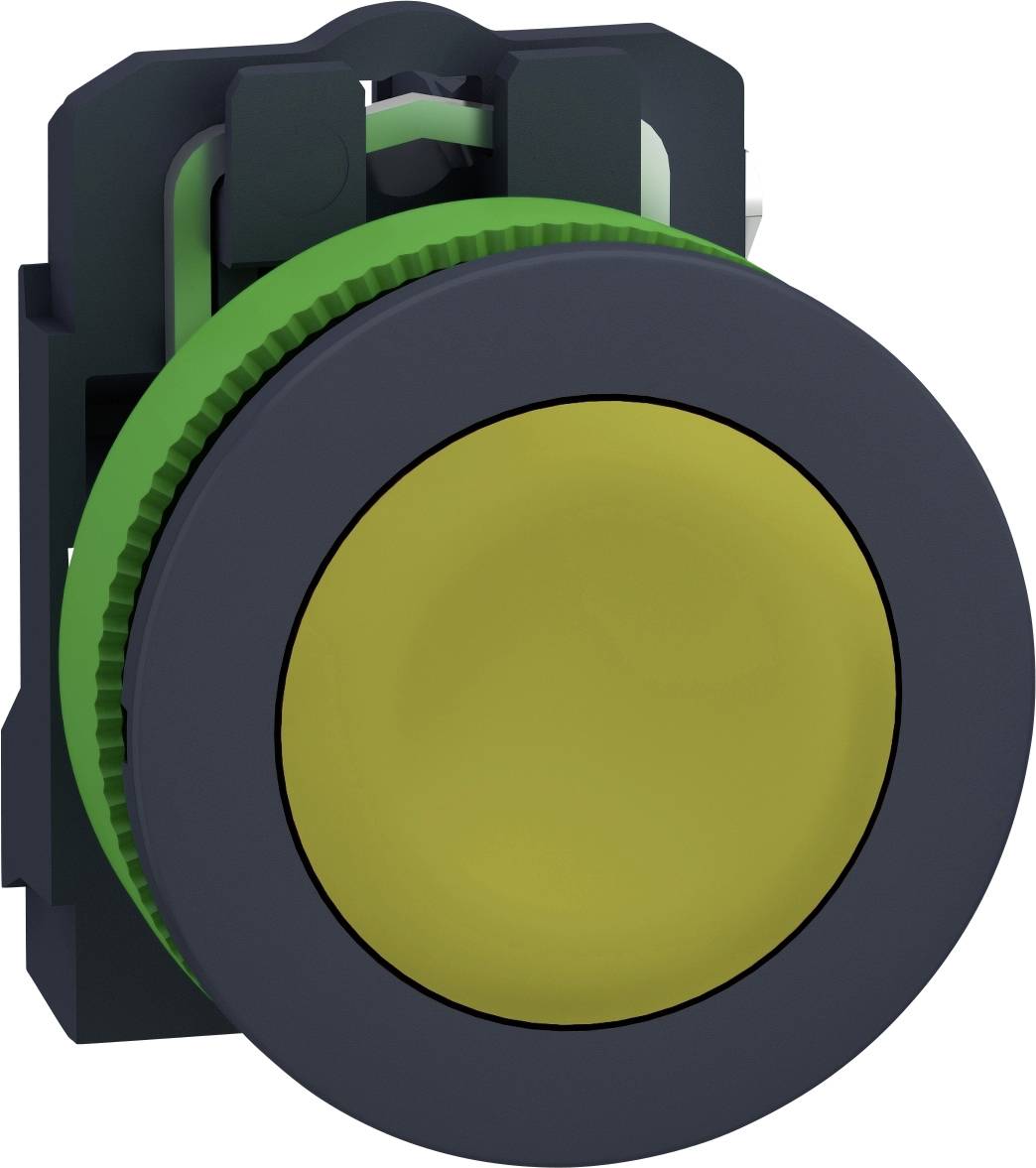 Grote, ronde, gele knop met groene ring op donkere achtergrond.