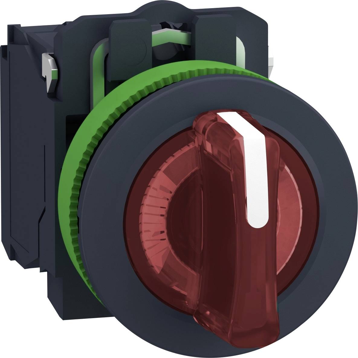 'Een rode, draaibare noodstopschakelaar in een zwart en groen behuizing, voor het snel onderbreken van elektrische systemen.'