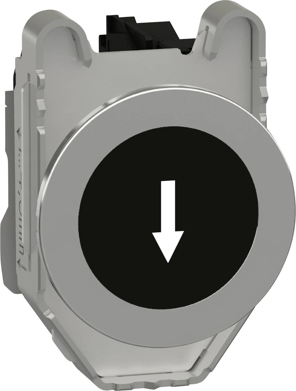 Een ronde knop met een witte pijl die naar beneden wijst, op een zwarte achtergrond.