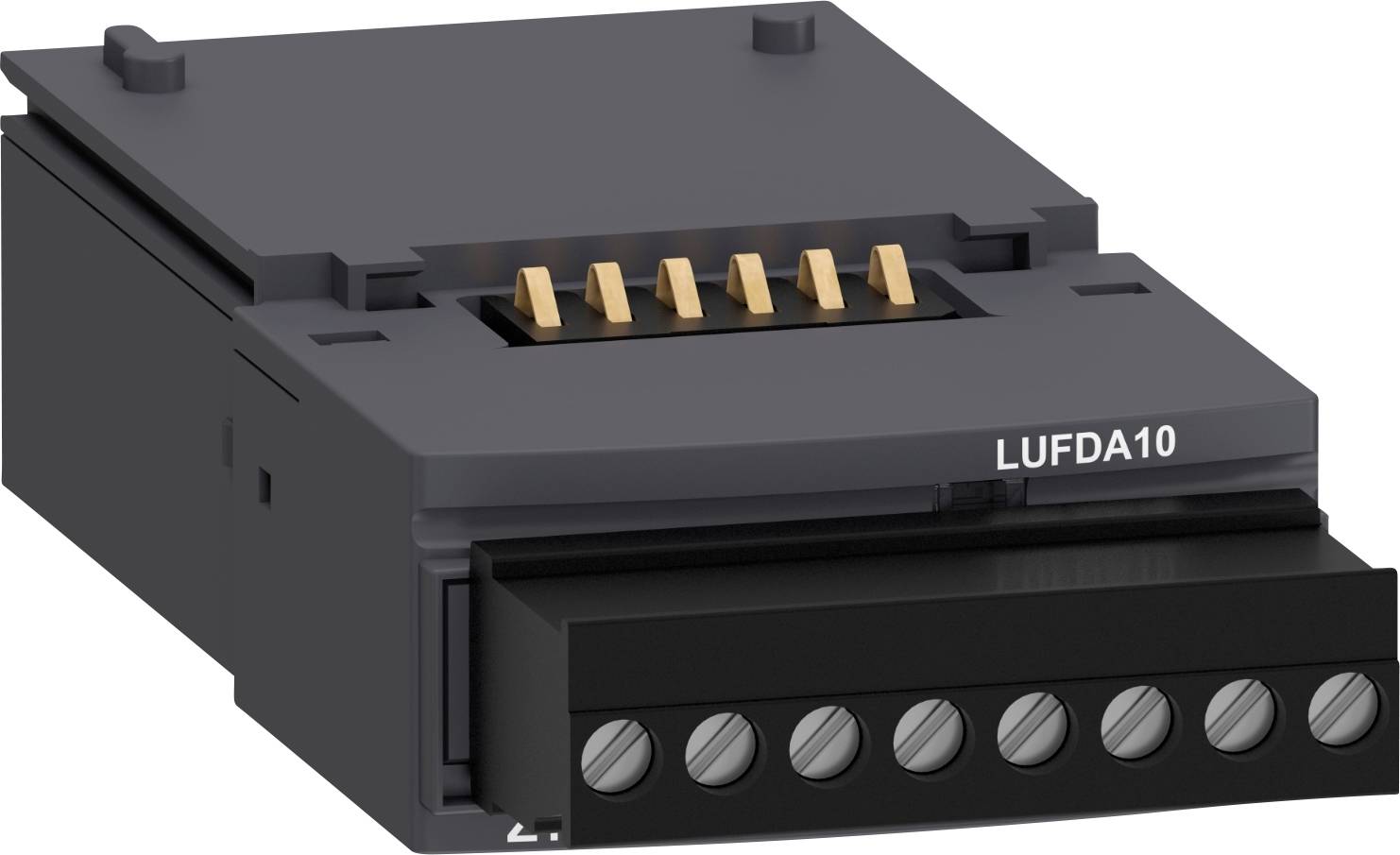Een zwart elektronisch module met gele contacten, gemarkeerd met 'LUFDA10', toont een aansluitconnector voor industriële toepassingen.