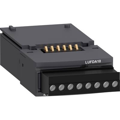 Een zwart elektronisch module met gele contacten, gemarkeerd met 'LUFDA10', toont een aansluitconnector voor industriële toepassingen.