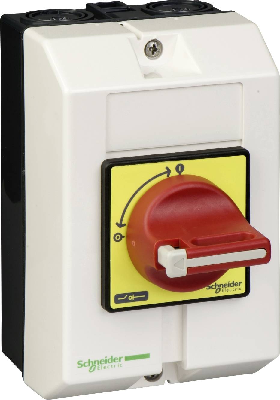 'Schneider Electric lastscheidingsschakelaar in rood en geel, toont het in-uit-mechanisme aan de voorzijde.'