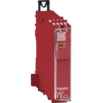 Een rood veiligheidsmodule van Schneider Electric met QR-code, drie LED-indicatoren voor Power, Error en State. Model XPSUEP.