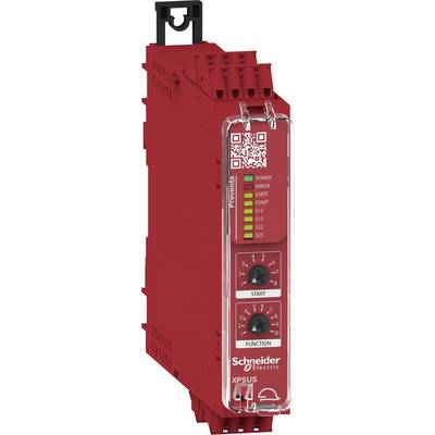 Rood veiligheidsmodule van Schneider Electric met LED-indicatoren voor Power, Error en Start. QR-code bovenaan.