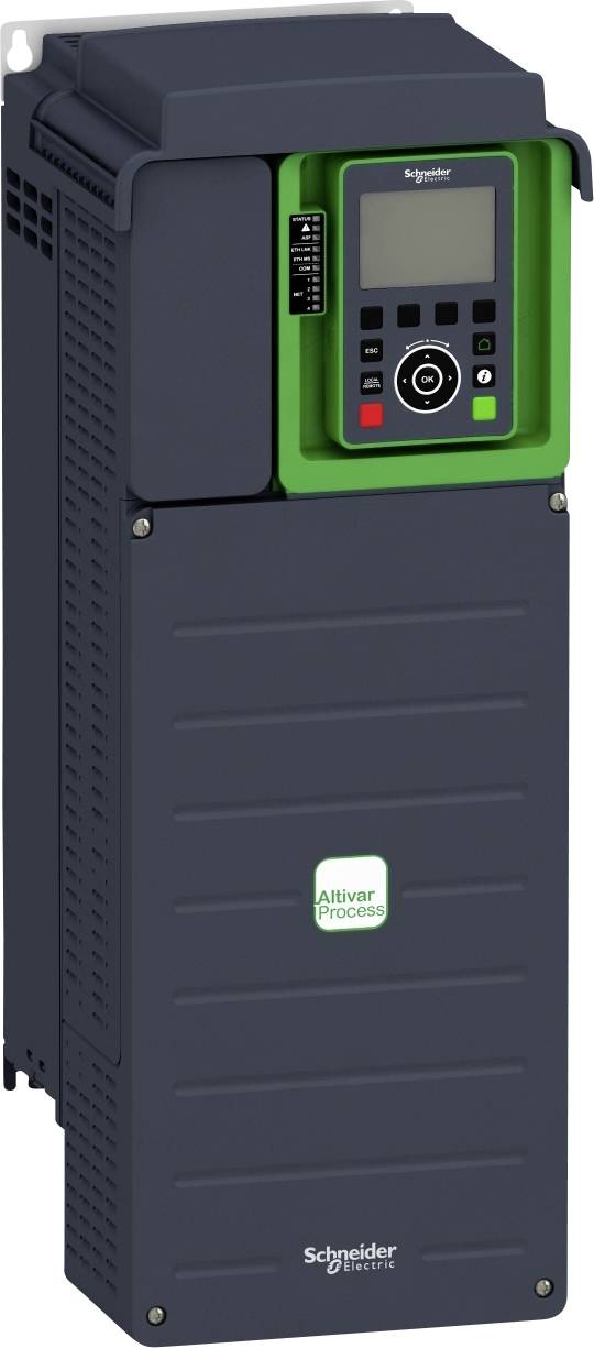 Een zwarte multifunctionele frequentieomvormer van Schneider Electric met een groen display en bedieningselementen voor het aansturen van elektrische motoren.