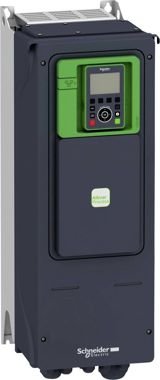 Een zwarte en groene frequentieomvormer van Schneider Electric. Hij beschikt over een display met bedieningselementen voor het besturen van elektronische apparaten.