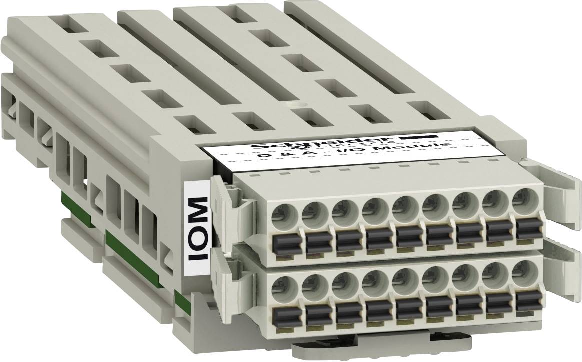 Een grijs I/O-module voor de besturing van elektrische systemen, met meerdere aansluitklemmen en het opschrift 'IOM B & AO/AO Module'.
