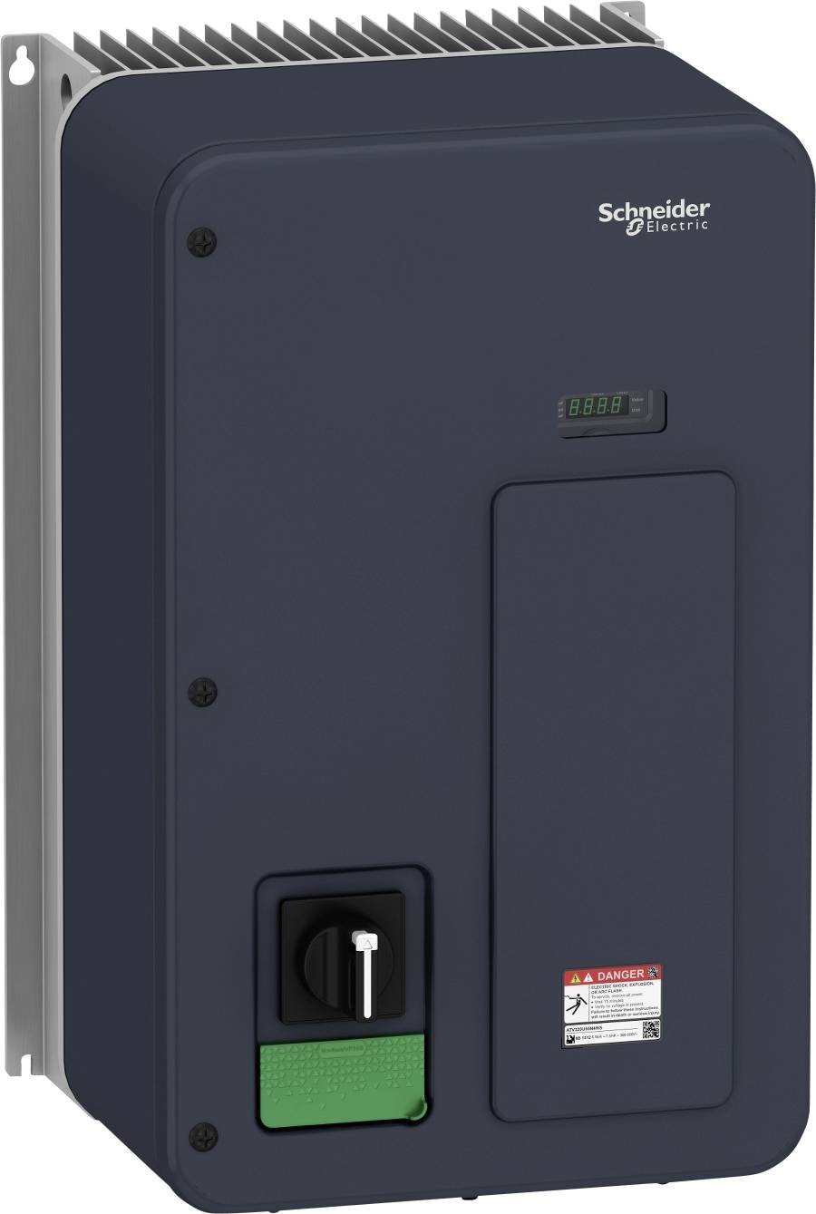 Een donkergrijze schakelkast met een Schneider Electric-logo. Bevat een klein displayscherm en bedieningselementen linksonder.