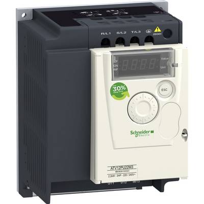 Een frequentieomvormer van het merk Schneider Electric met een digitaal display en een groene '30% energiebesparing'-markering.