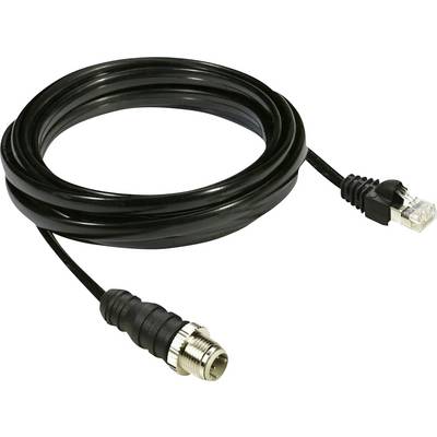 'Zwart Ethernet-kabel met RJ45-connector en waterdichte schroefaansluiting, geschikt voor netwerkaansluitingen buitenshuis.'