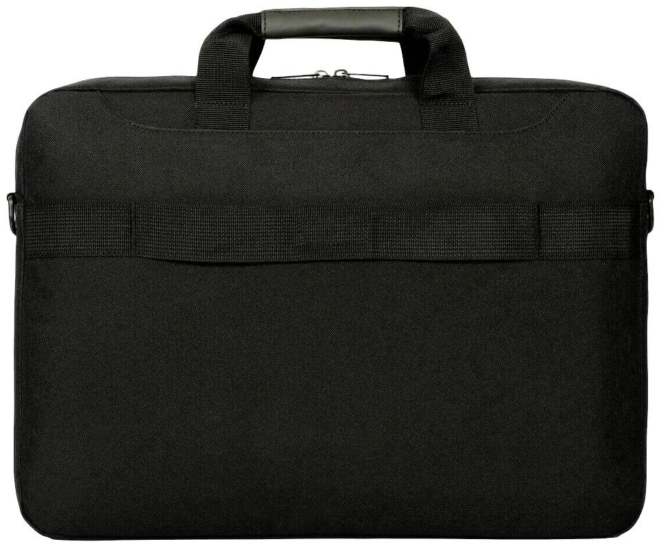 Een zwarte aktetas met handvatten, geschikt voor laptops of documenten.